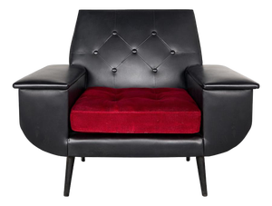 Mid-Century Modern Black Vinyl Chair with Red Seat Cushion, 1950s