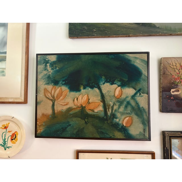 Mid-Century Modern Pair of Vintage Batik Lotus Paintings, Signed, Teal and Coral Wall Art For Sale - Image 3 of 11