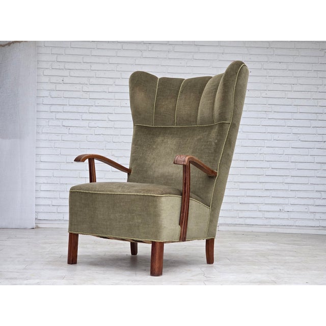 Danish Oak Highback Armchair with Velour Upholstery, 1960s For Sale - Image 4 of 18