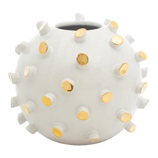Cream Round Ceramic Vase with 24 Karat Gold Details, ND Dolfi For Sale
