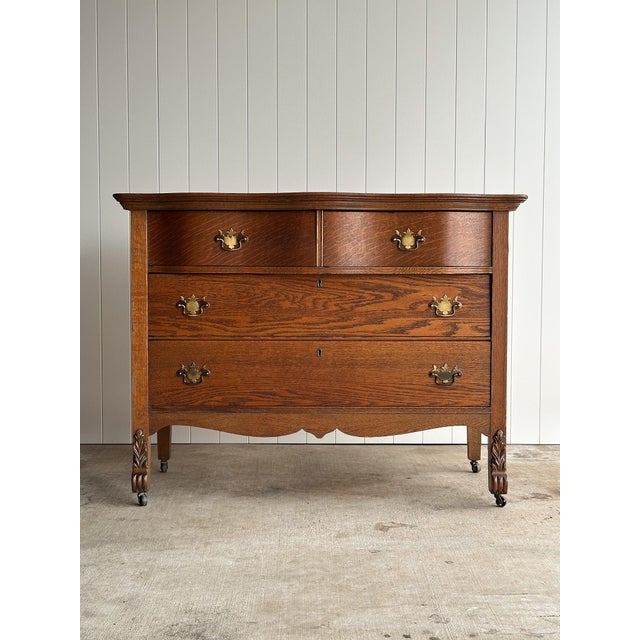Brown Antique Oak Serpentine Chest With Original Casters and Brass Hardware For Sale - Image 8 of 17