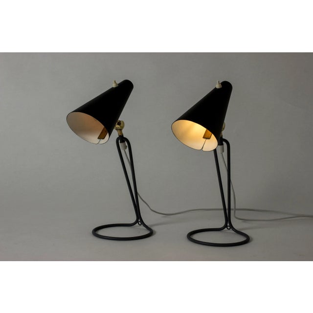 Pair of amazing table lamps by Bertil Brisborg, with black lacquered shades. Cool grey base in a slender graphic design....