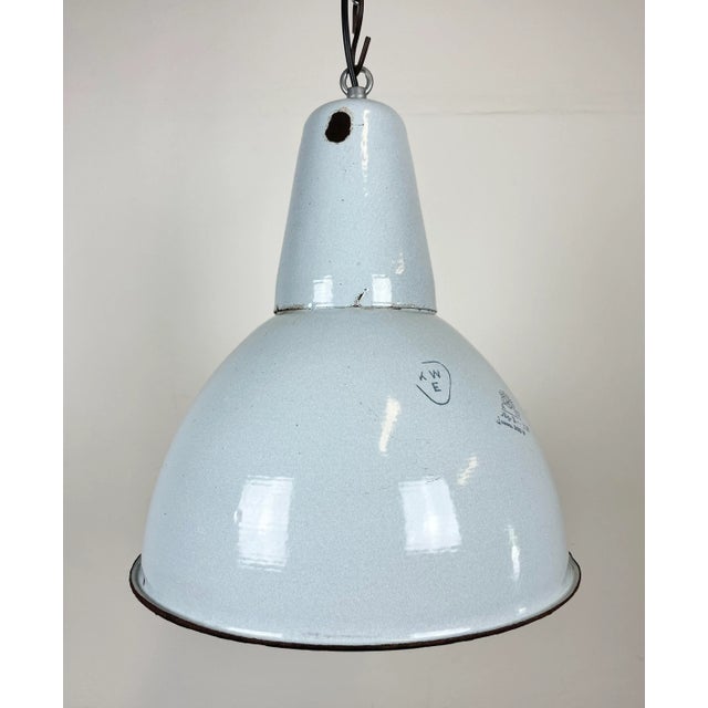 Industrial Industrial Grey Enamel Pendant Lamp from Polam, 1960s For Sale - Image 3 of 13