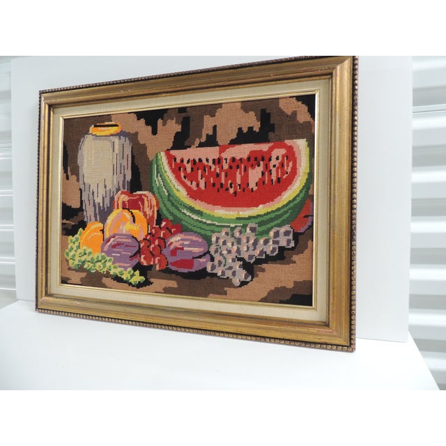 Boho Chic Vintage Brown & Red Framed Tapestry Still Life of Fruits For Sale - Image 3 of 5