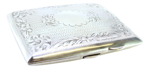 Victorian Curved Silver Cigarette Case with Floral Motifs and Monogram Card