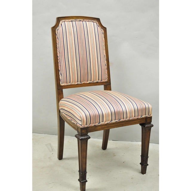 Vintage French Country Provincial Style Carved Walnut Dining Side Chairs with Pink Striped Upholstery - Set of 4. Circa...