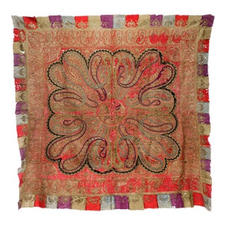 Antique Indian Large Square Paisley Embroidered Tapestry Shawl For Sale