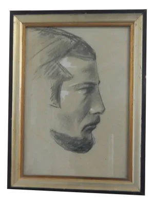 Mina Anselmi, Profile of Man, 1940, Charcoal Drawing, Framed