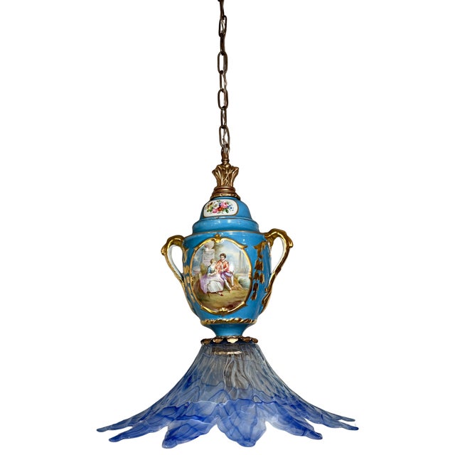 Blue Antique Sevres-Style Bleu Celeste Romantic Floral Porcelain With Murano Art Glass Lotus Blue Shade For Sale - Image 8 of 17