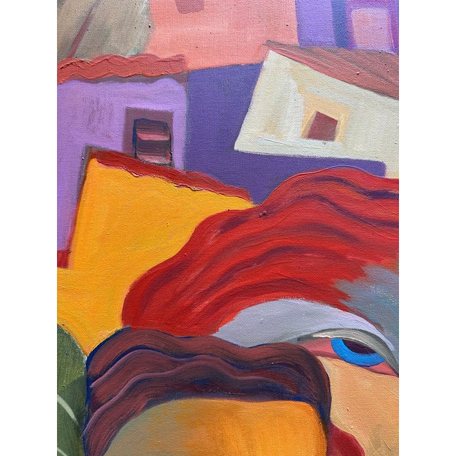 Marc Zimmerman "Falling Leaves" Oil Painting, Three Figures in Tropical Village, Vertical Format, Warm Palette, Contemporary Art West Coast For Sale - Image 4 of 9