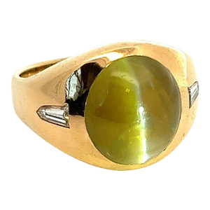 12 Carat Chrysoberyl Cats Eye Mens Ring With Baguette Diamond Sides in 18K Gold, Size 9.75