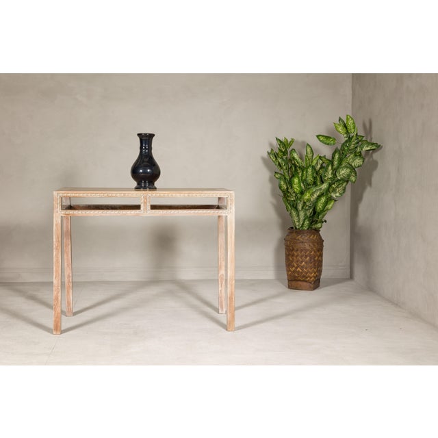 Mid 20th Century Tall Console Table with Carved Beaded Rope Motif and Whitewash Natural Finish For Sale - Image 5 of 12