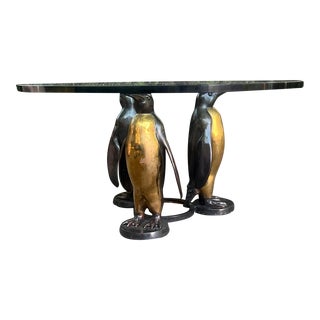 1920s Art Deco Bronze 3 Penguins Sculptural Coffee Table For Sale
