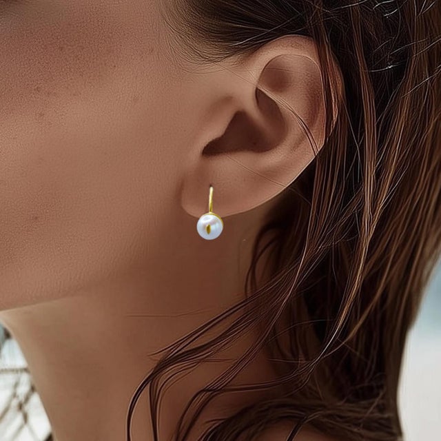 White Cat Eye Pearl 18k Gold Hook Earrings, A Pair For Sale - Image 8 of 10