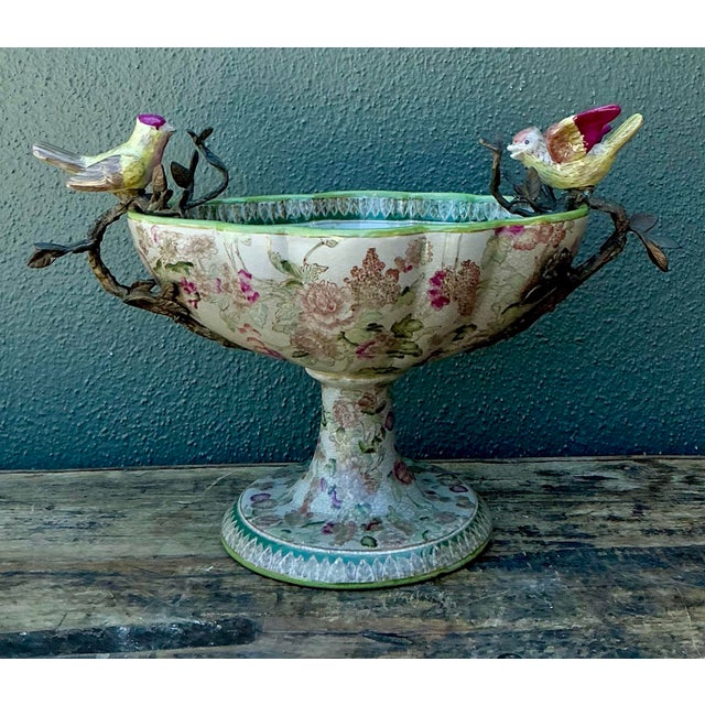 Mid 20th Century Vintage Floral Glazed Ceramic Pedestal Cache Pot For Sale - Image 5 of 12