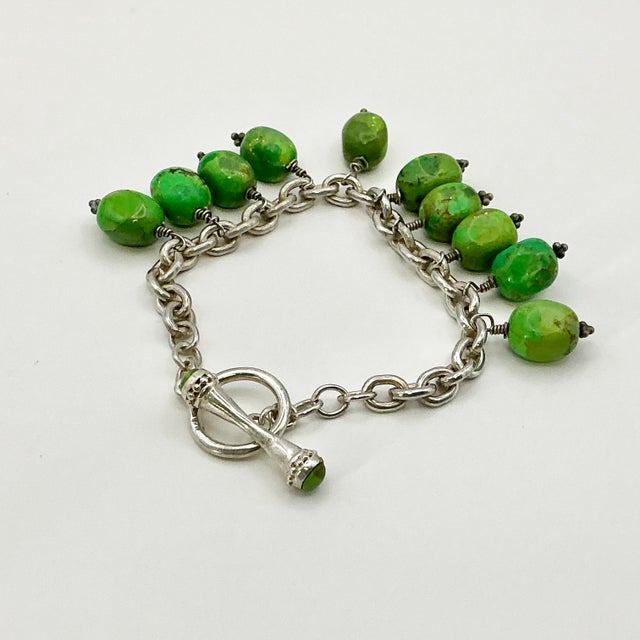 Lime 1980s Vintage Southwestern Navajo Americana Carico Lake Sterling & Green Turquoise Beaded Bracelet - 7" For Sale - Image 8 of 12