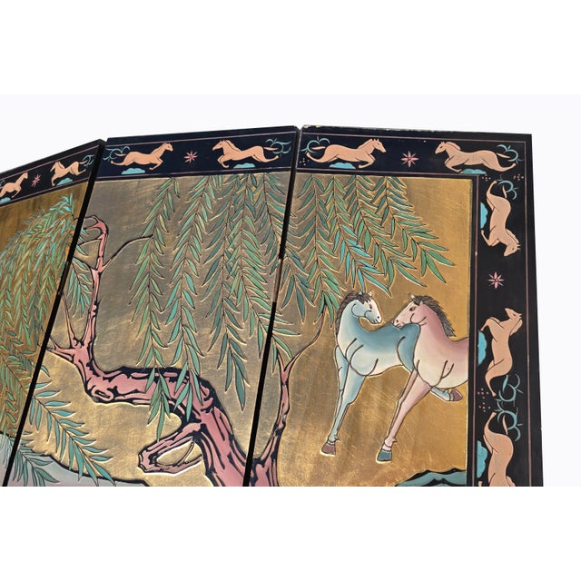 Signed Ten Horses Vintage Chinese Four Panel Screen Gold & Turquoise Shi Jun Tu For Sale - Image 12 of 15