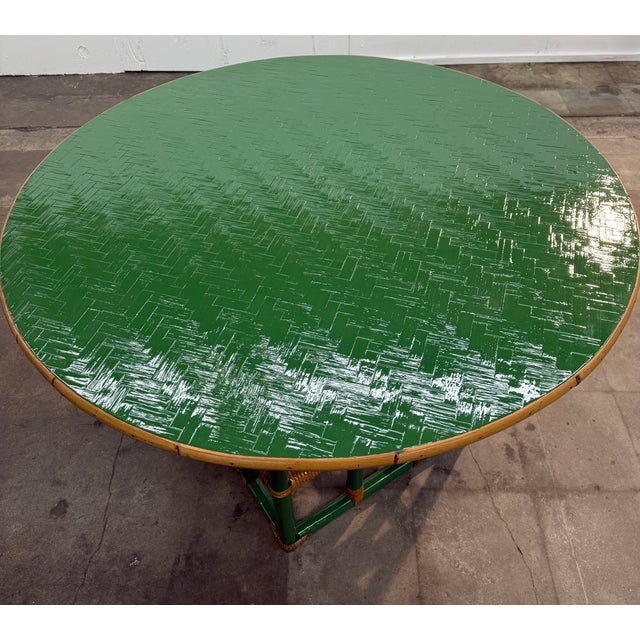 Vintage Green Faux Bamboo & Rattan Round Coffee Table For Sale In Los Angeles - Image 6 of 7