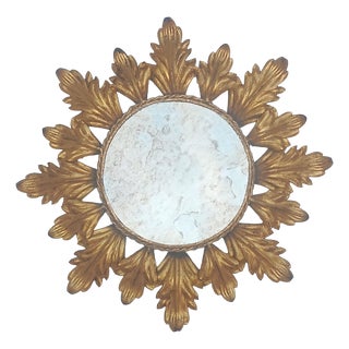 Vintage Spanish Gilt Metal Sunburst Mirror, 1960s For Sale