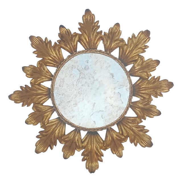 Vintage Spanish Gilt Metal Sunburst Mirror, 1960s For Sale