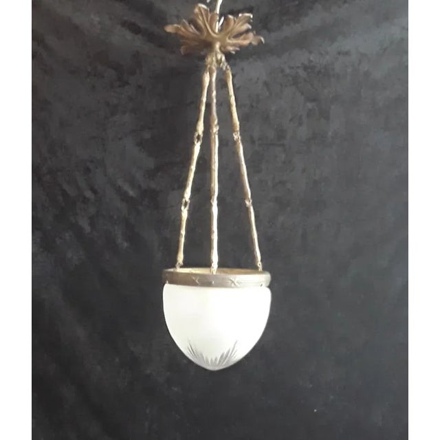 Antique Ceiling Lamp with Brass Mount and Sanded Glass Screen, 1890s For Sale - Image 3 of 7
