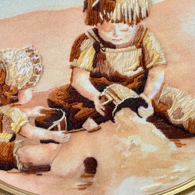 Vintage Framed Needlework Textile Portrait of Children on a Beach For Sale In Baltimore - Image 6 of 8
