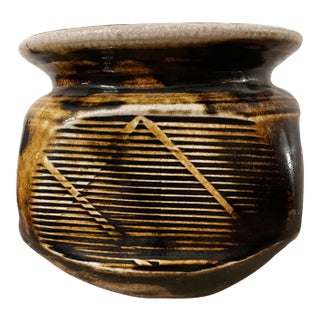 Vintage Mid 20th Century Large Glazed Pottery Pot, Signed Campbell For Sale
