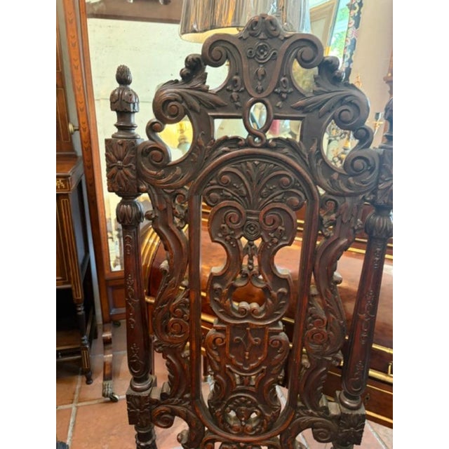 Superb Pair of Antique English High Back Carved Walnut Hall Chairs For Sale - Image 9 of 10