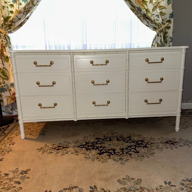 1960s Faux Bamboo Nine Drawer Dresser White Lacquer - Bali Hai Style For Sale - Image 9 of 9