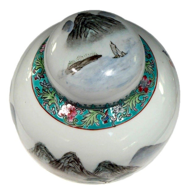 Vintage Chinese Porcelain Ginger Jar Hand Painted Landscape Calligraphy W/Stand For Sale - Image 4 of 10