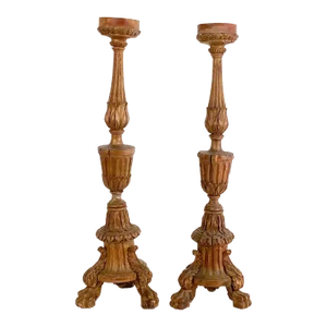 Pair of Italian Candlesticks, Carved Wood With Gilding, Circa 1880