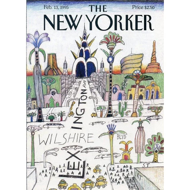 Original vintage New Yorker magazine cover dated February 13, 1995 featuring a New York City and Los Angeles theme. Based...