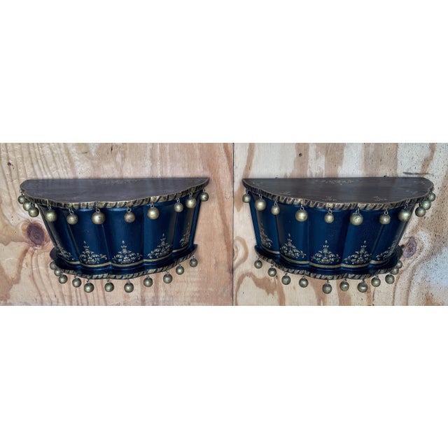 Blue Pair of English Regency Chinoiserie Exotic Wall Brackets with Gilt Orb Tassels For Sale - Image 8 of 12