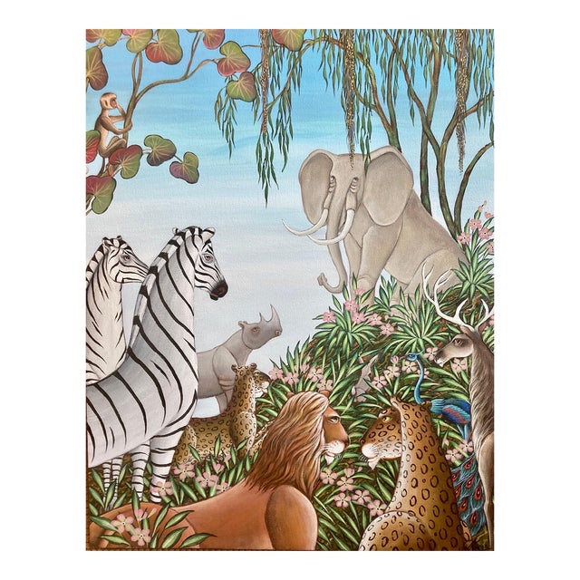 Gustavo Novoa, Elephant and Lions, Animal Paradise Jungle Painting Surrealist Art Gustavo Novoa, 2004 For Sale