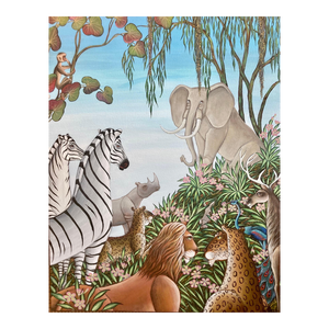 Gustavo Novoa, Elephant and Lions, Animal Paradise Jungle Painting Surrealist Art Gustavo Novoa, 2004
