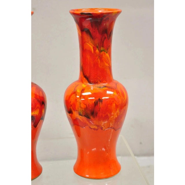 Mid 20th Century Vintage Red Lava Drip Glazed Mid Century Modern Ceramic Pottery Vessel Vase Pair For Sale - Image 5 of 11