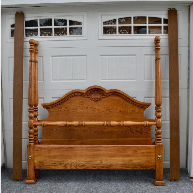 Vintage Solid Oak Queen Bed Poster Headboard Footboard Carved Shell Traditional For Sale - Image 11 of 16