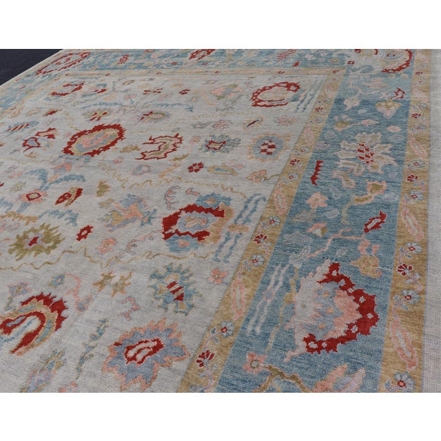 Ivory Large Hand Knotted Oushak Turkish Rug by Keivan Woven Arts, 12'8" X 16'10" For Sale - Image 8 of 16