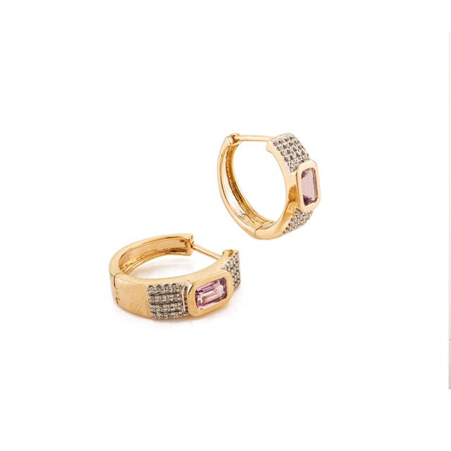 Not Yet Made - Made To Order 14k Yellow Gold Octagon Sapphire & Diamond Pink Contemporary Hoop Earrings- A Pair For Sale - Image 5 of 12