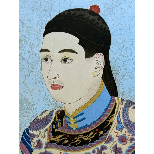 Blue Japanese Woodblock Print Le Mandarin Aux Lunettes by Paul Jacoulet For Sale - Image 8 of 12