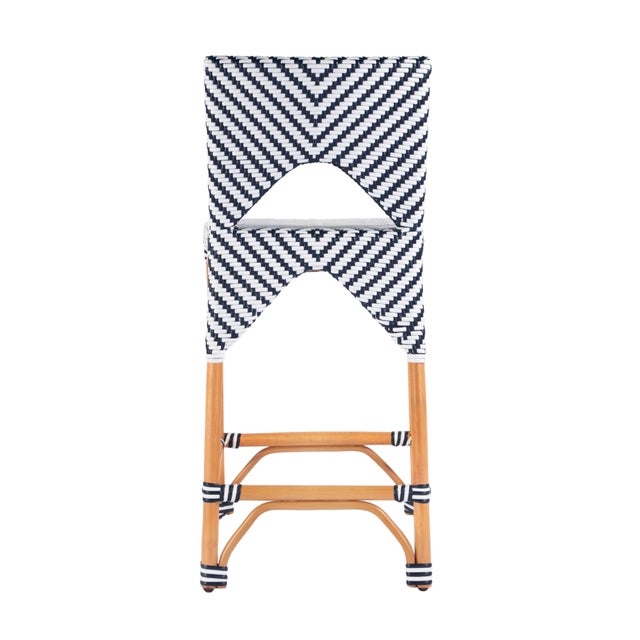 Creanly 25.25 in. Seat Height Rattan Counter Stool with Back and Footrest, White/Navy Dot / Natural Rattan Frame For Sale In Chicago - Image 6 of 8