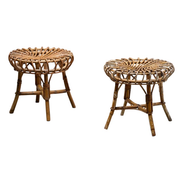 Rattan and Bamboo Round Ottomans by Franco Albini, 1960s, Set of 2 For Sale