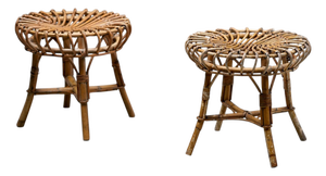 Rattan and Bamboo Round Ottomans by Franco Albini, 1960s, Set of 2