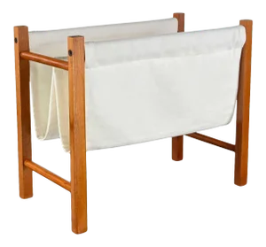 Vintage Scandinavian Modern Teak Frame & Off-White Fabric Sling Magazine Holder