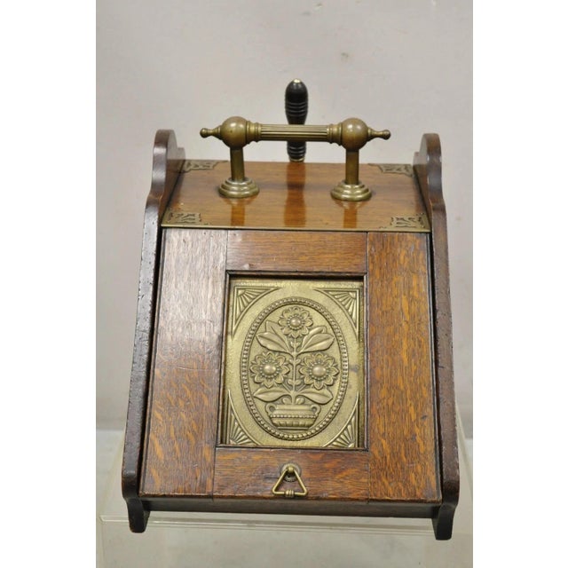 Antique Victorian Oak Wood and Brass Fireplace Coal Scuttle Box Bucket w/ Scoop. Item features floral debossed brass...