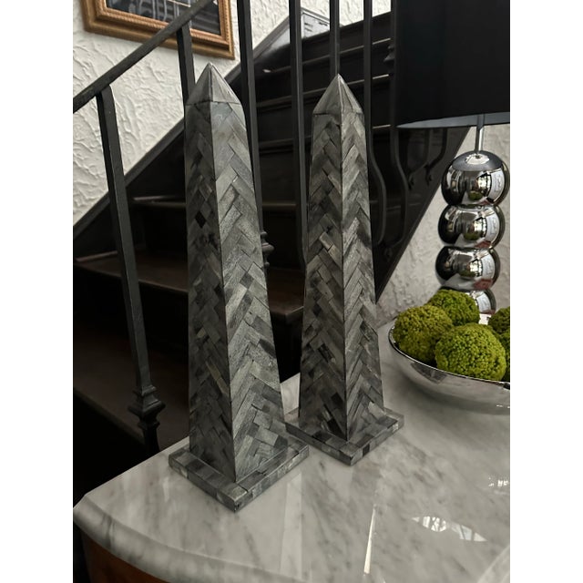 Wood Inlaid Obelisk, Pair For Sale - Image 4 of 5