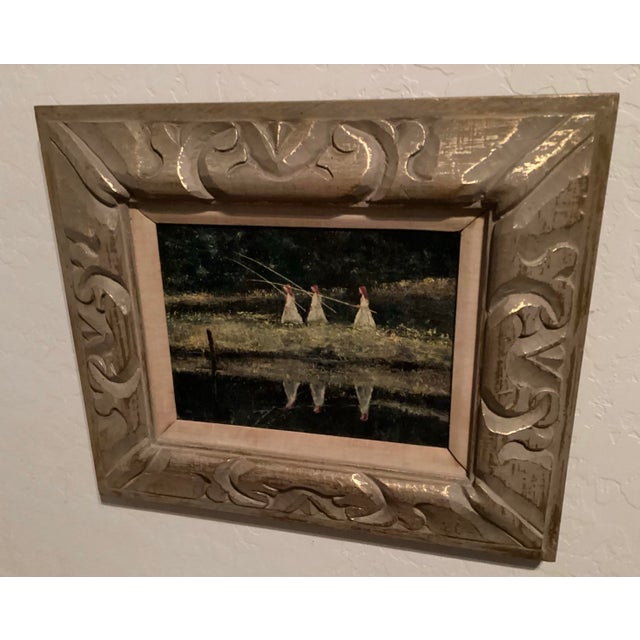 Late 20th Century Original Oil Painting, Landscape With 3 Sisters Fishing, Signed by Artist “G.Wodzik” in Red. For Sale - Image 5 of 9
