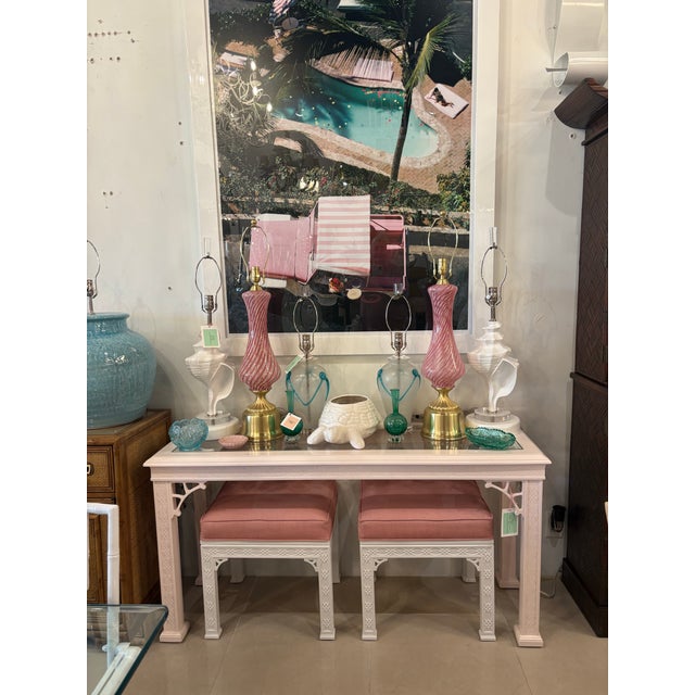 Vintage Kindel Pair of Benches Ottomans Fretwork Fret Upholstered Lacquered Chinoiserie For Sale - Image 11 of 13