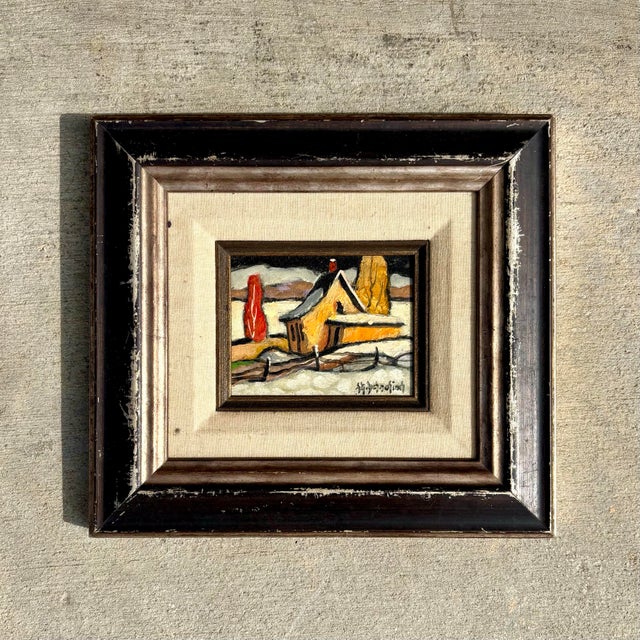 This intimate winter landscape carries a quiet, almost storybook stillness—its golden house glowing warmly against a...