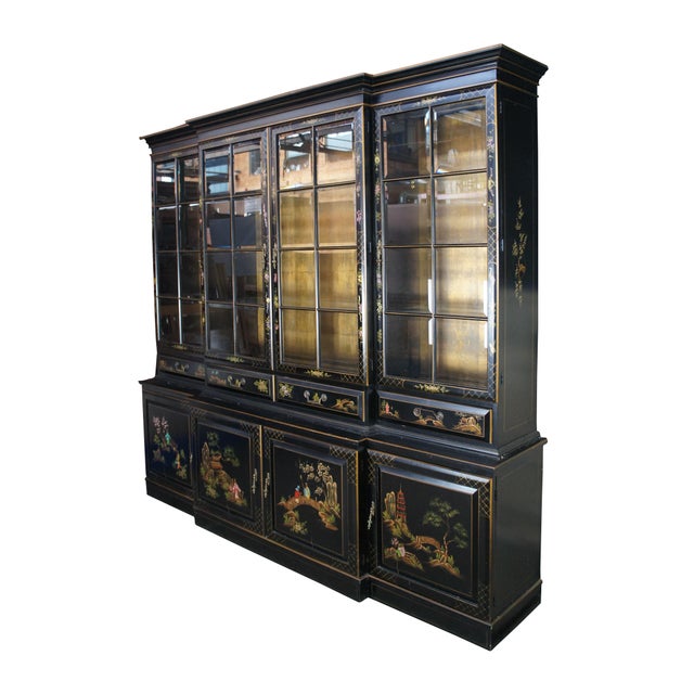 Chinoiserie Mid 20th Century Union National Lacquered Chinoiserie Breakfront China Display Curio Cabinet 90", Attributed For Sale - Image 3 of 18